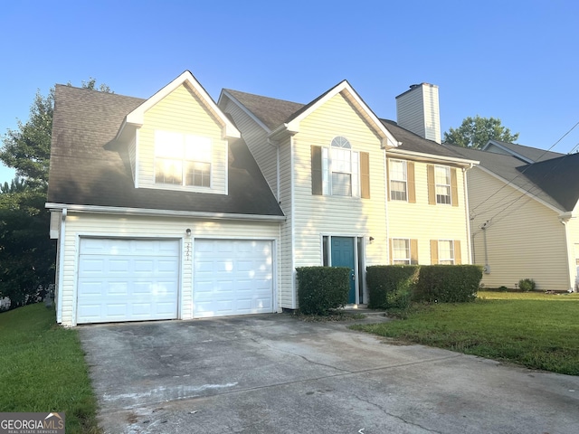 2561 Lancewood Ln, Lithonia, GA 30058 - view of front facade with driveway, a chimney, an attached garage, a front yard, and roof with shingles