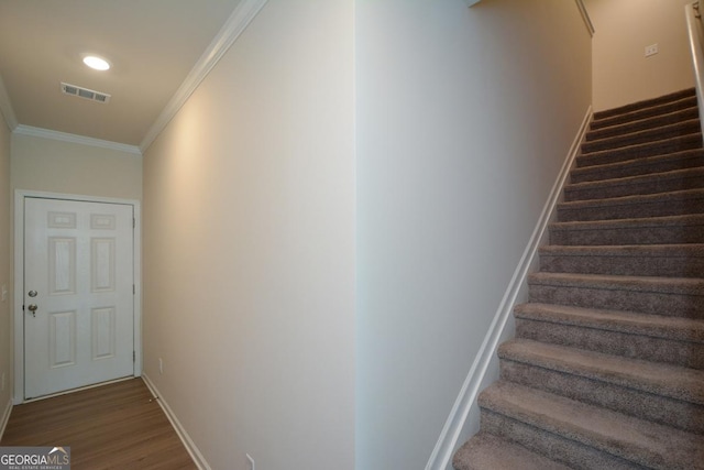 428 Whitetail Cir, Canton, GA 30115 - stairs with crown molding, wood finished floors, and recessed lighting