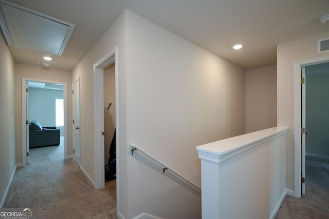 428 Whitetail Cir, Canton, GA 30115 - hall with an upstairs landing, carpet floors, attic access, and recessed lighting
