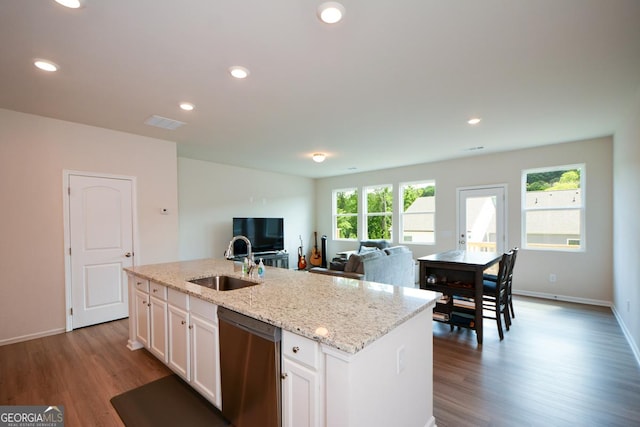 428 Whitetail Cir, Canton, GA 30115 - kitchen with dishwasher, healthy amount of natural light, white cabinets, dark wood finished floors, and recessed lighting