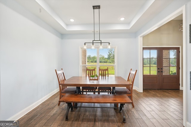 357 Old Driver Rd, Whitesburg, GA 30185 - dining area featuring healthy amount of natural light, wood finished floors, french doors, a raised ceiling, and recessed lighting