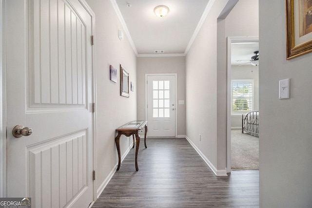 111 Point View Dr, Canton, GA 30114 - doorway with dark wood-type flooring, ornamental molding, and a ceiling fan