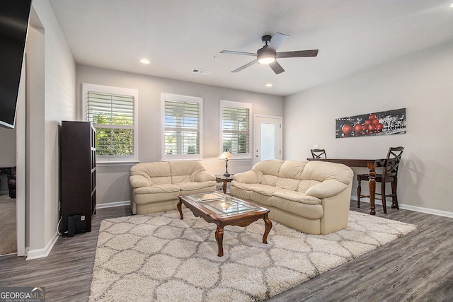 111 Point View Dr, Canton, GA 30114 - living area with ceiling fan, healthy amount of natural light, dark wood finished floors, and recessed lighting