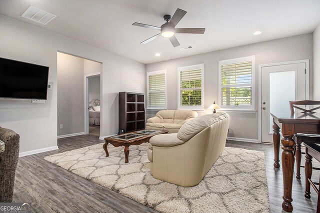 111 Point View Dr, Canton, GA 30114 - living area featuring ceiling fan, wood finished floors, and recessed lighting