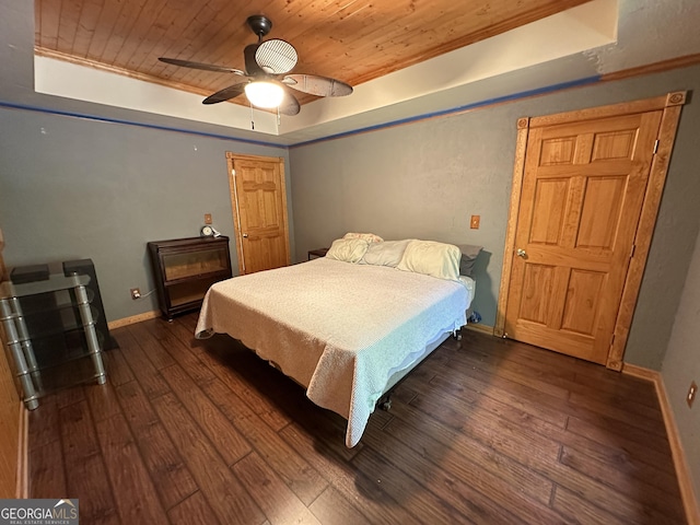 235 Pirkle Ct, Cumming, GA 30040 - bedroom featuring a tray ceiling, wooden ceiling, dark wood-type flooring, and a ceiling fan