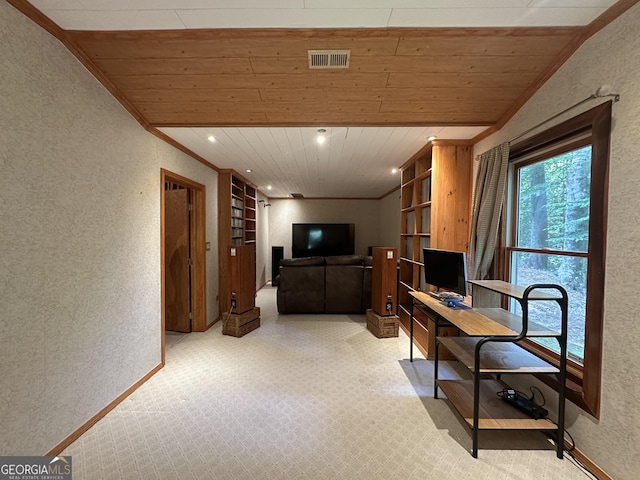235 Pirkle Ct, Cumming, GA 30040 - home office with a textured wall, wooden ceiling, crown molding, and recessed lighting