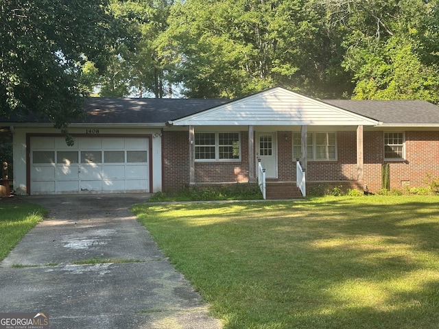 1408 Main St, Perry, GA 31069 - ranch-style home featuring driveway, a garage, a front yard, covered porch, and brick siding