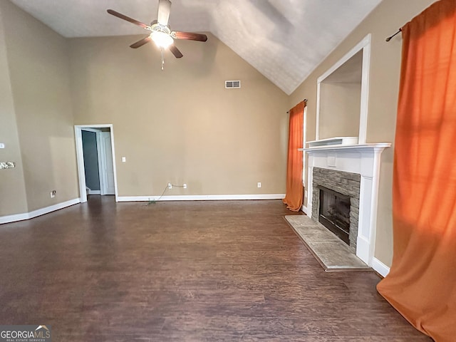 101 Riverchest Dr, Lagrange, GA 30240 - unfurnished living room featuring a ceiling fan, a fireplace, high vaulted ceiling, and dark wood finished floors