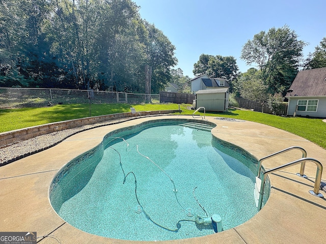 101 Riverchest Dr, Lagrange, GA 30240 - view of swimming pool featuring a shed, a fenced backyard, and a patio area