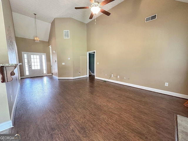 101 Riverchest Dr, Lagrange, GA 30240 - unfurnished living room featuring high vaulted ceiling, a ceiling fan, and dark wood finished floors