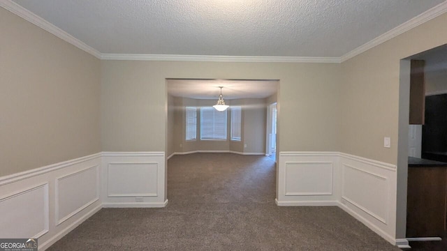 705 Mustang Ct, Hampton, GA 30228 - spare room featuring a textured ceiling, crown molding, a wainscoted wall, dark colored carpet, and a decorative wall