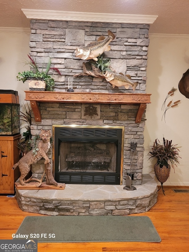 1904 S State Line Rd, Lagrange, GA 30240 - detailed view of crown molding, a stone fireplace, and wood finished floors