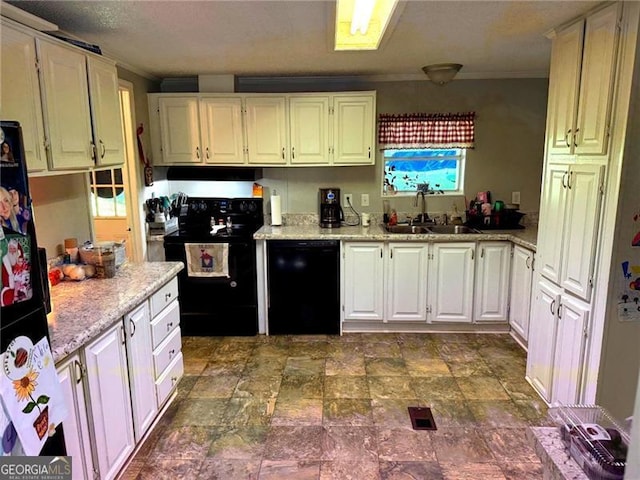 1570 Dean Mountain Rd, Cleveland, GA 30528 - kitchen featuring black appliances, crown molding, white cabinets, under cabinet range hood, and light stone counters