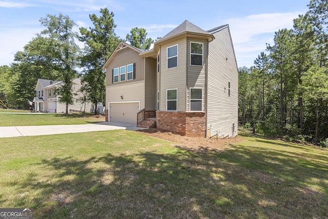 155 Shetland Pines Dr, Macon, GA 31216 - view of front of home with concrete driveway, a garage, a front yard, and brick siding