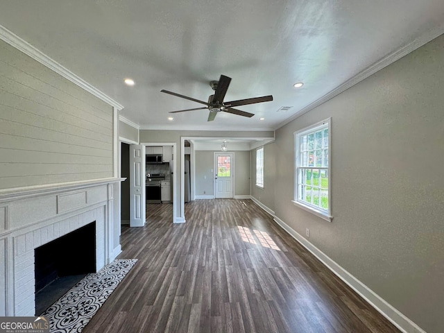 1930 Northbrook Ave, Macon, GA 31201 - unfurnished living room with a ceiling fan, a fireplace, dark wood finished floors, ornamental molding, and recessed lighting