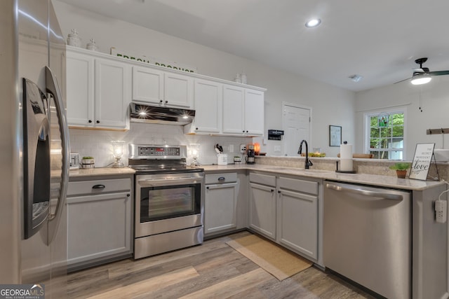 259 Coweta St, Senoia, GA 30276 - kitchen with stainless steel appliances, under cabinet range hood, tasteful backsplash, light wood-type flooring, and a peninsula