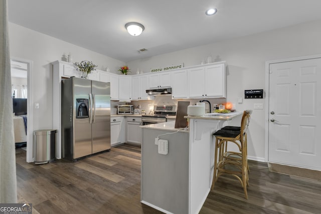 259 Coweta St, Senoia, GA 30276 - kitchen featuring appliances with stainless steel finishes, under cabinet range hood, a peninsula, dark wood finished floors, and recessed lighting