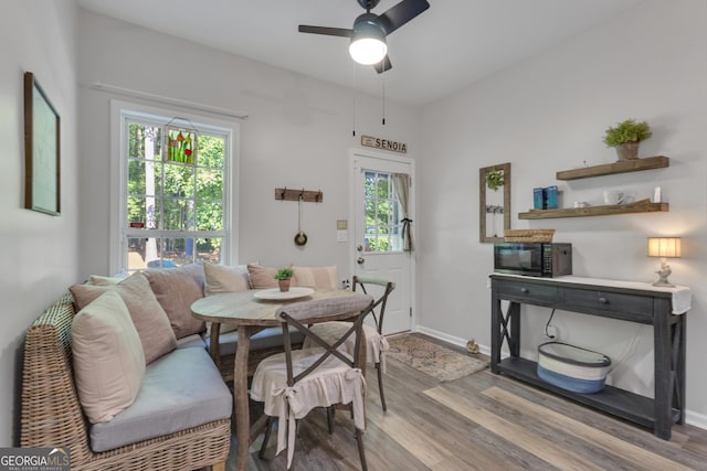 259 Coweta St, Senoia, GA 30276 - dining area with wood finished floors, ceiling fan, and breakfast area