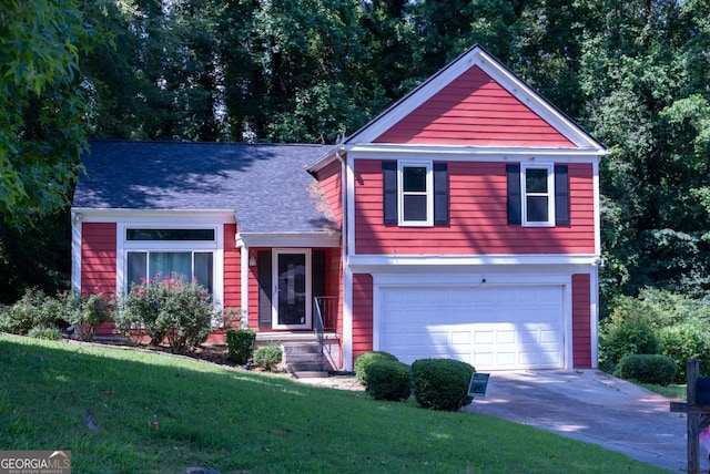 7472 Woods Ct, Lithonia, GA 30058 - split level home featuring an attached garage, concrete driveway, a front lawn, and roof with shingles