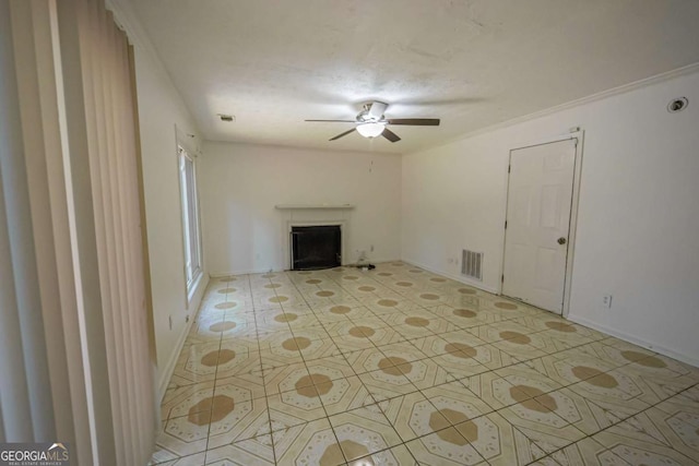 7472 Woods Ct, Lithonia, GA 30058 - unfurnished living room featuring a ceiling fan, a fireplace, and light tile patterned floors