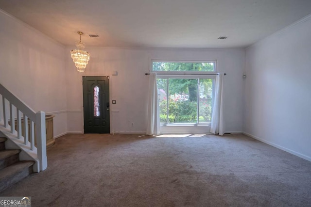 7472 Woods Ct, Lithonia, GA 30058 - entryway featuring a chandelier, stairs, and carpet floors