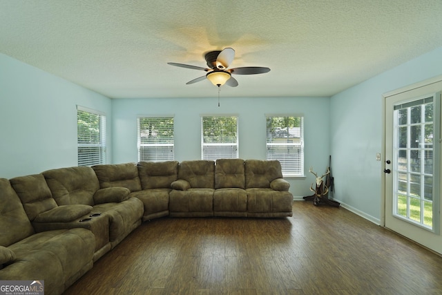 233 S Sheffield St, Kingsland, GA 31548 - living room with a ceiling fan, dark wood finished floors, plenty of natural light, and a textured ceiling