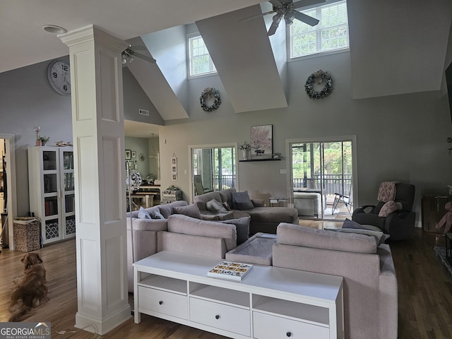 200 Chaparral Trce, Tyrone, GA 30290 - living room with ceiling fan, high vaulted ceiling, healthy amount of natural light, and dark wood-style floors