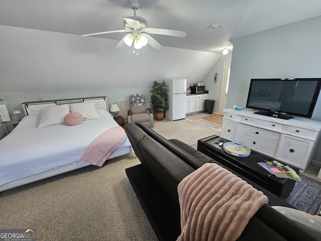 200 Chaparral Trce, Tyrone, GA 30290 - bedroom with freestanding refrigerator, light colored carpet, lofted ceiling, and ceiling fan