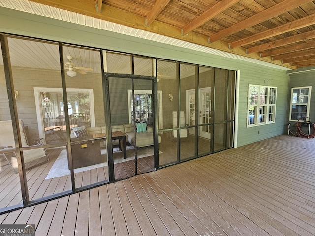 200 Chaparral Trce, Tyrone, GA 30290 - unfurnished sunroom featuring beamed ceiling and ceiling fan