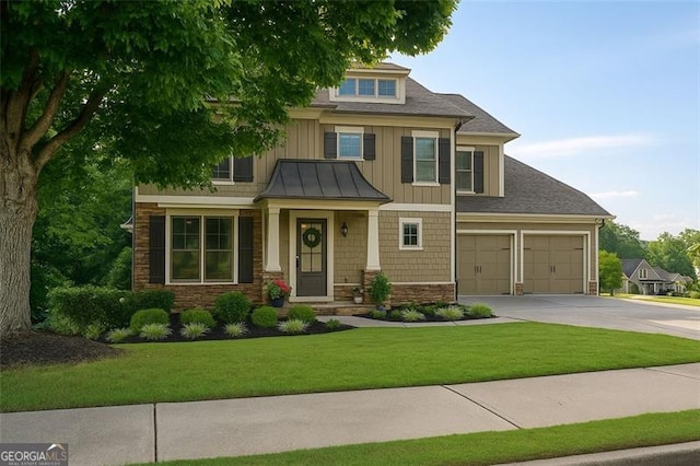 730 Midway, Canton, GA 30114 - craftsman house featuring driveway, board and batten siding, a front yard, a standing seam roof, and stone siding