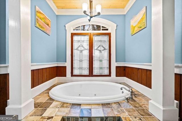 1043 Deer Run Rdg, Jasper, GA 30143 - bathroom featuring a tub with jets, crown molding, a wainscoted wall, a chandelier, and wooden ceiling