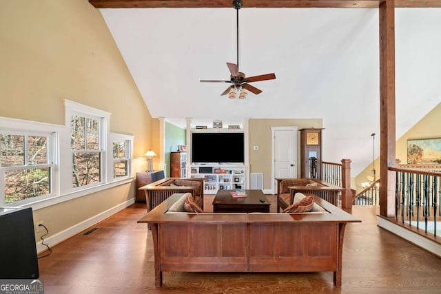 1043 Deer Run Rdg, Jasper, GA 30143 - living area featuring high vaulted ceiling, a ceiling fan, and wood finished floors