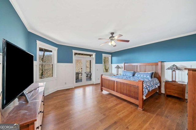 1043 Deer Run Rdg, Jasper, GA 30143 - bedroom with access to exterior, ornamental molding, wood finished floors, wainscoting, and a ceiling fan