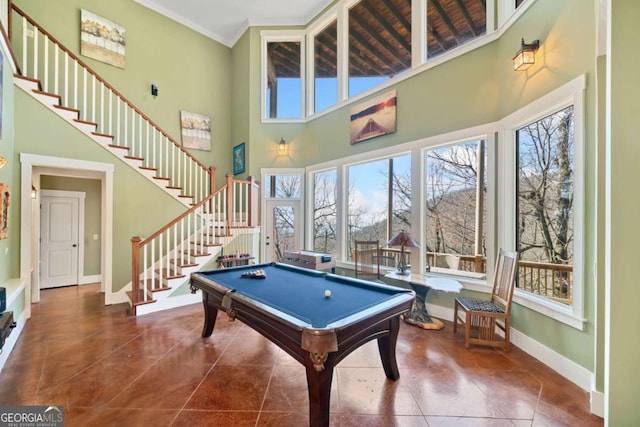 1043 Deer Run Rdg, Jasper, GA 30143 - rec room featuring a high ceiling, billiards table, crown molding, and tile patterned flooring
