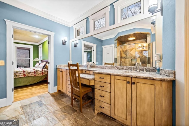 1043 Deer Run Rdg, Jasper, GA 30143 - full bathroom with ornamental molding, connected bathroom, vanity, stone tile flooring, and a shower stall