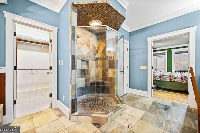 1043 Deer Run Rdg, Jasper, GA 30143 - bathroom featuring ornamental molding, ensuite bath, a stall shower, a spacious closet, and stone finish flooring