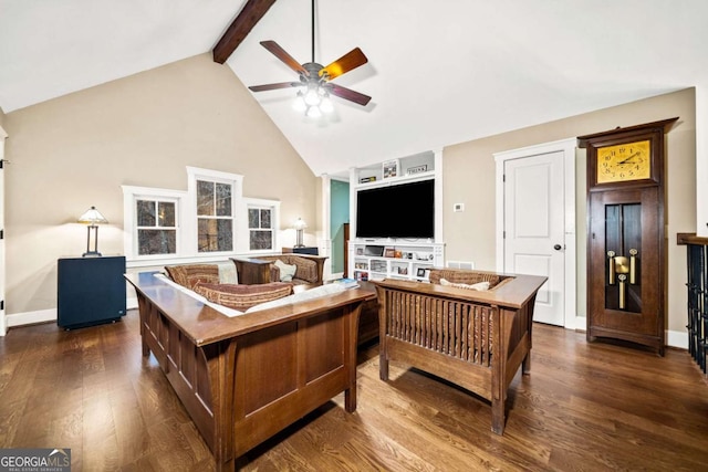1043 Deer Run Rdg, Jasper, GA 30143 - living area featuring ceiling fan, high vaulted ceiling, beam ceiling, dark wood-style flooring, and built in features
