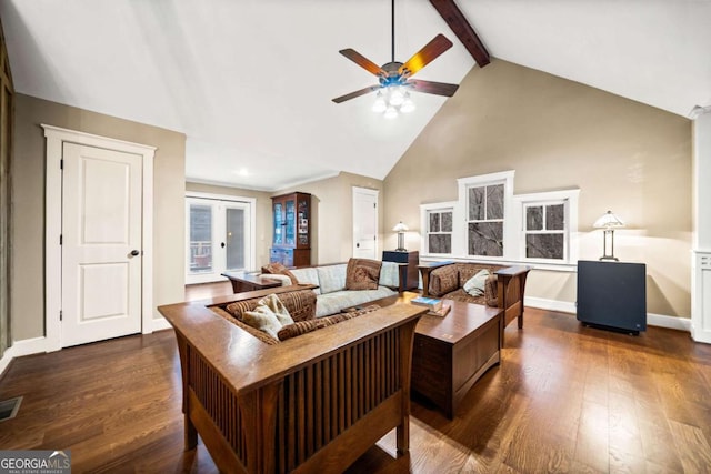 1043 Deer Run Rdg, Jasper, GA 30143 - living room with ceiling fan, dark wood-type flooring, beam ceiling, high vaulted ceiling, and recessed lighting