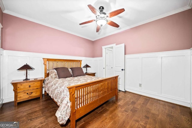 1043 Deer Run Rdg, Jasper, GA 30143 - bedroom with wainscoting, ornamental molding, a decorative wall, wood finished floors, and ceiling fan