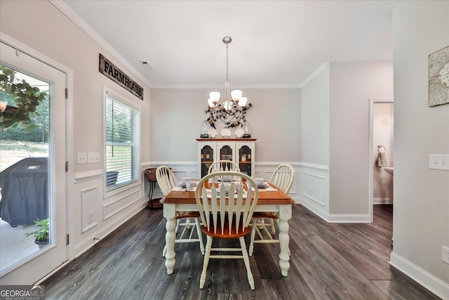 93 Oakdale Way, Temple, GA 30179 - dining space featuring a chandelier, dark wood-type flooring, wainscoting, and ornamental molding