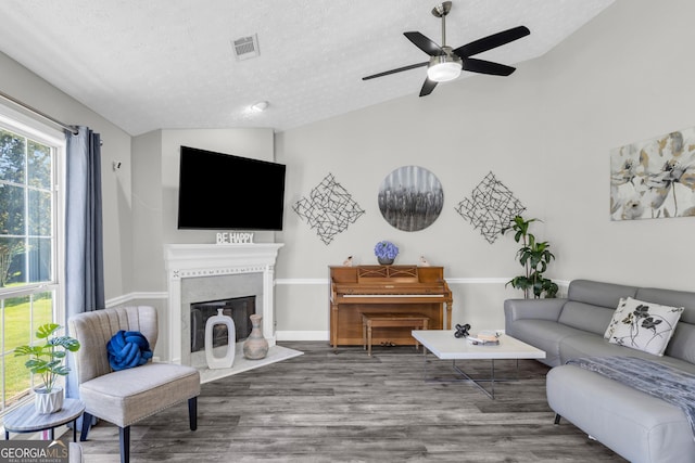499 Running Doe Ct, Suwanee, GA 30024 - living area featuring vaulted ceiling, a textured ceiling, ceiling fan, wood finished floors, and a fireplace with flush hearth