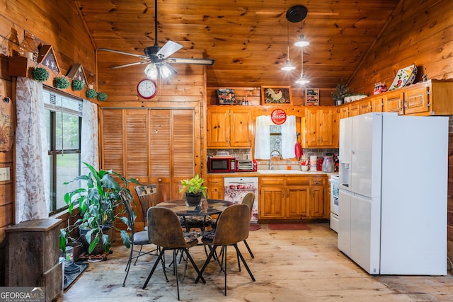 12 Scott Dr, Ellijay, GA 30540 - kitchen featuring white appliances, light countertops, a ceiling fan, wooden walls, and light wood-style flooring