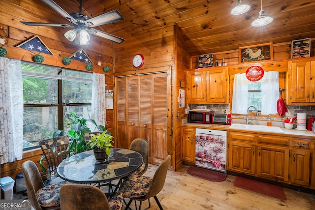 12 Scott Dr, Ellijay, GA 30540 - kitchen with white dishwasher, wood walls, wooden ceiling, backsplash, and light wood-style flooring