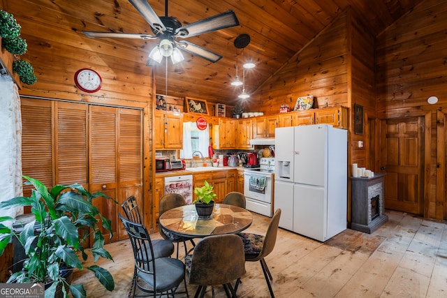 12 Scott Dr, Ellijay, GA 30540 - kitchen with white appliances, ceiling fan, wooden ceiling, wooden walls, and light countertops