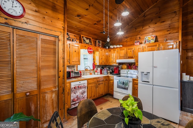 12 Scott Dr, Ellijay, GA 30540 - kitchen featuring white appliances, light countertops, under cabinet range hood, tasteful backsplash, and wooden ceiling