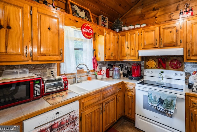 12 Scott Dr, Ellijay, GA 30540 - kitchen with white appliances, under cabinet range hood, decorative backsplash, lofted ceiling, and wooden ceiling