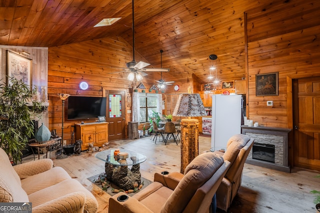 12 Scott Dr, Ellijay, GA 30540 - living area featuring wooden walls, light wood finished floors, wooden ceiling, ceiling fan, and a fireplace