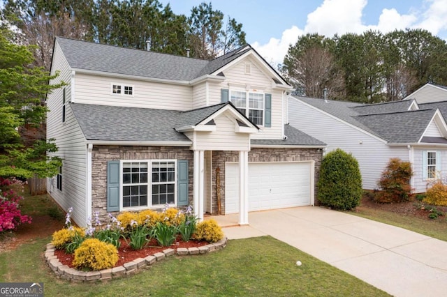 245 Weatherstone Pointe Dr, Woodstock, GA 30188 - view of front facade featuring stone siding, concrete driveway, a shingled roof, a front yard, and an attached garage
