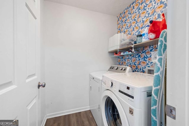 245 Weatherstone Pointe Dr, Woodstock, GA 30188 - laundry room featuring washer and dryer, dark wood-style floors, and a textured ceiling