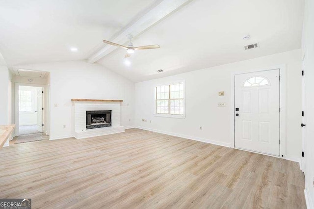 321 Riverbend Ct, Macon, GA 31211 - unfurnished living room featuring light wood-type flooring, ceiling fan, healthy amount of natural light, and a fireplace